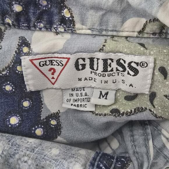 Guess Blue Fish Polka Dot Button Up VTG Shirt Med USA Travel Camp Vacation Retro - Picture 6 of 8